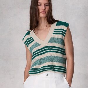 rag & bone Green and Cream Striped V‑Neck Sweater Vest